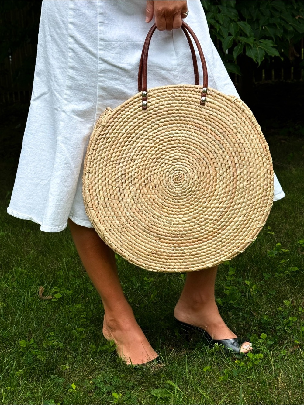 Hand Woven Round Straw Tote Bag with Brown Leather Handles